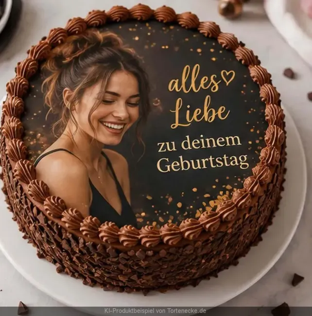 Preview: Runder Tortenaufleger zum Geburtstag mit Wunschbild auf dunklem Gold-Glitzer